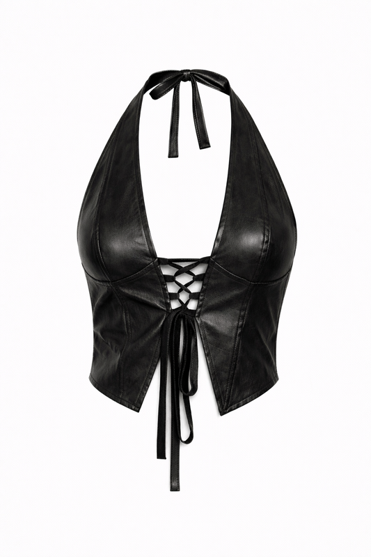 Solid-color Halter-neck Lace-up Tank Top For Women